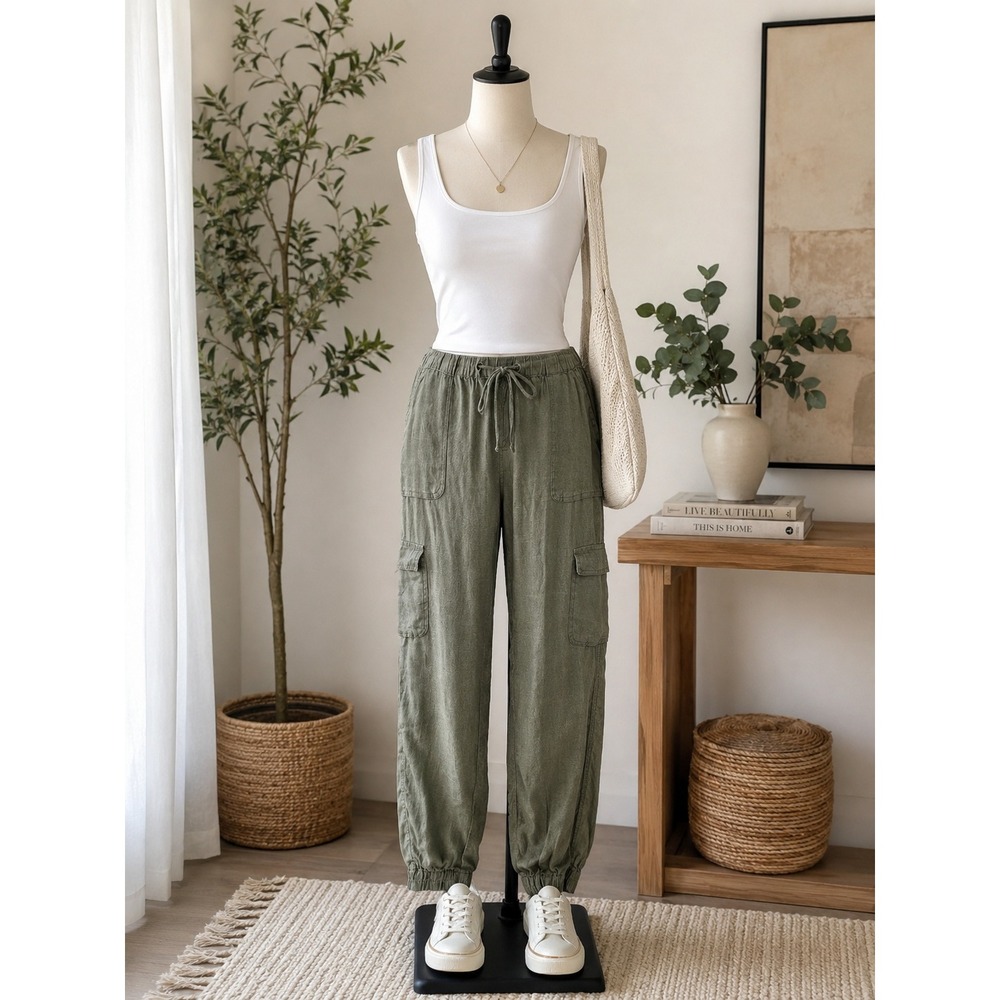Nicole Miller 100% Linen Cargo Jogger Women's M Olive Green Drawstring Utility